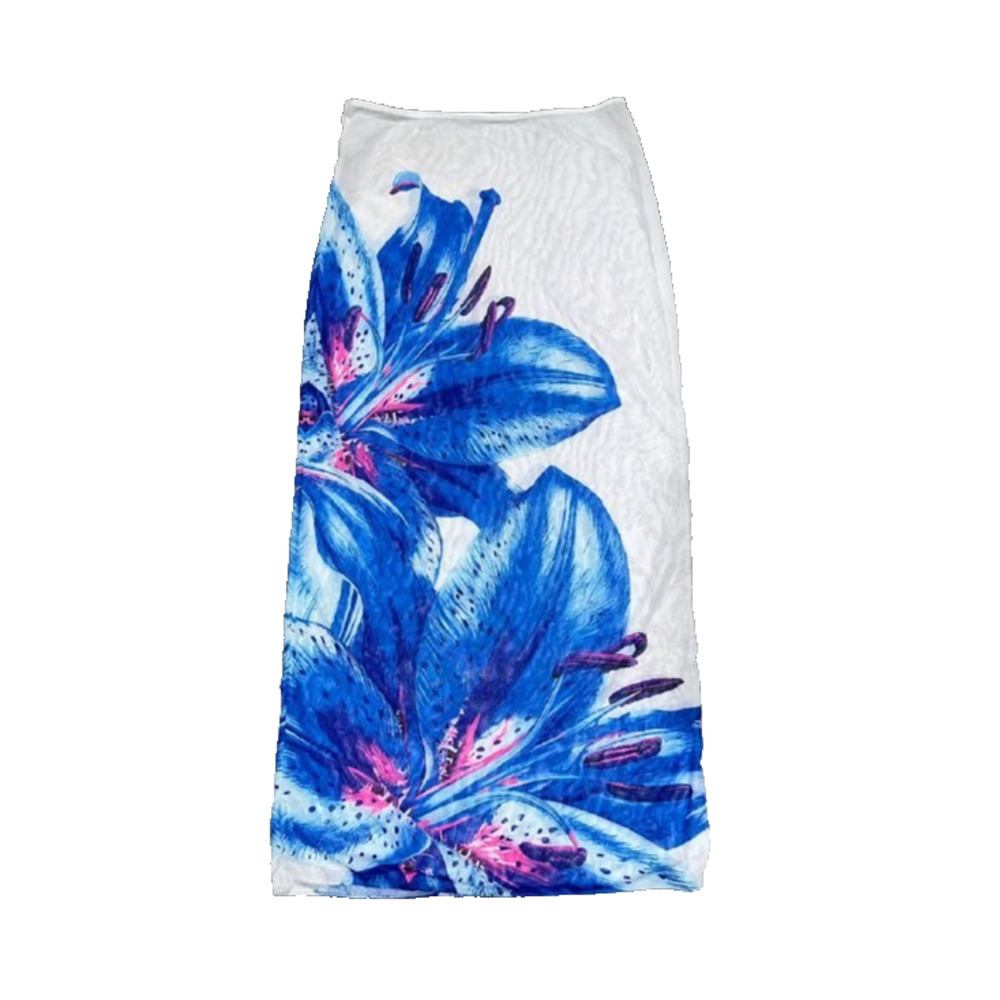 Blue Floral Mesh Skirt beach cover up summer swim Large A006239